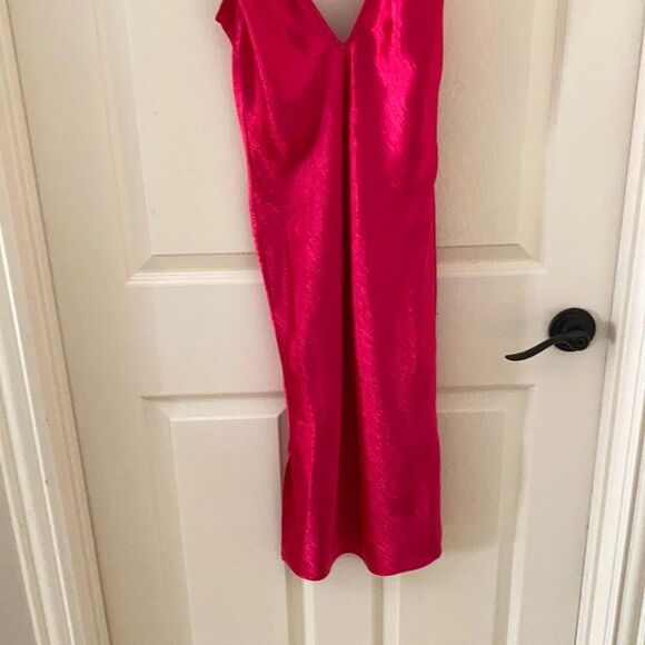 NEW Express Barbiecore Hot Pink Silky Deep V Neck Midi Satin Dress Gown 2 NWOT - Picture 5 of 11